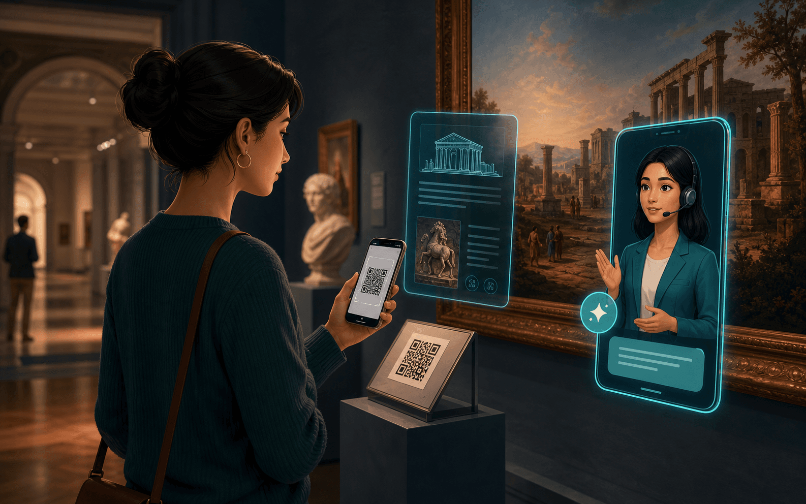 Visitante escaneando una obra o exhibición y activando un guía inteligente que amplía la experiencia.
