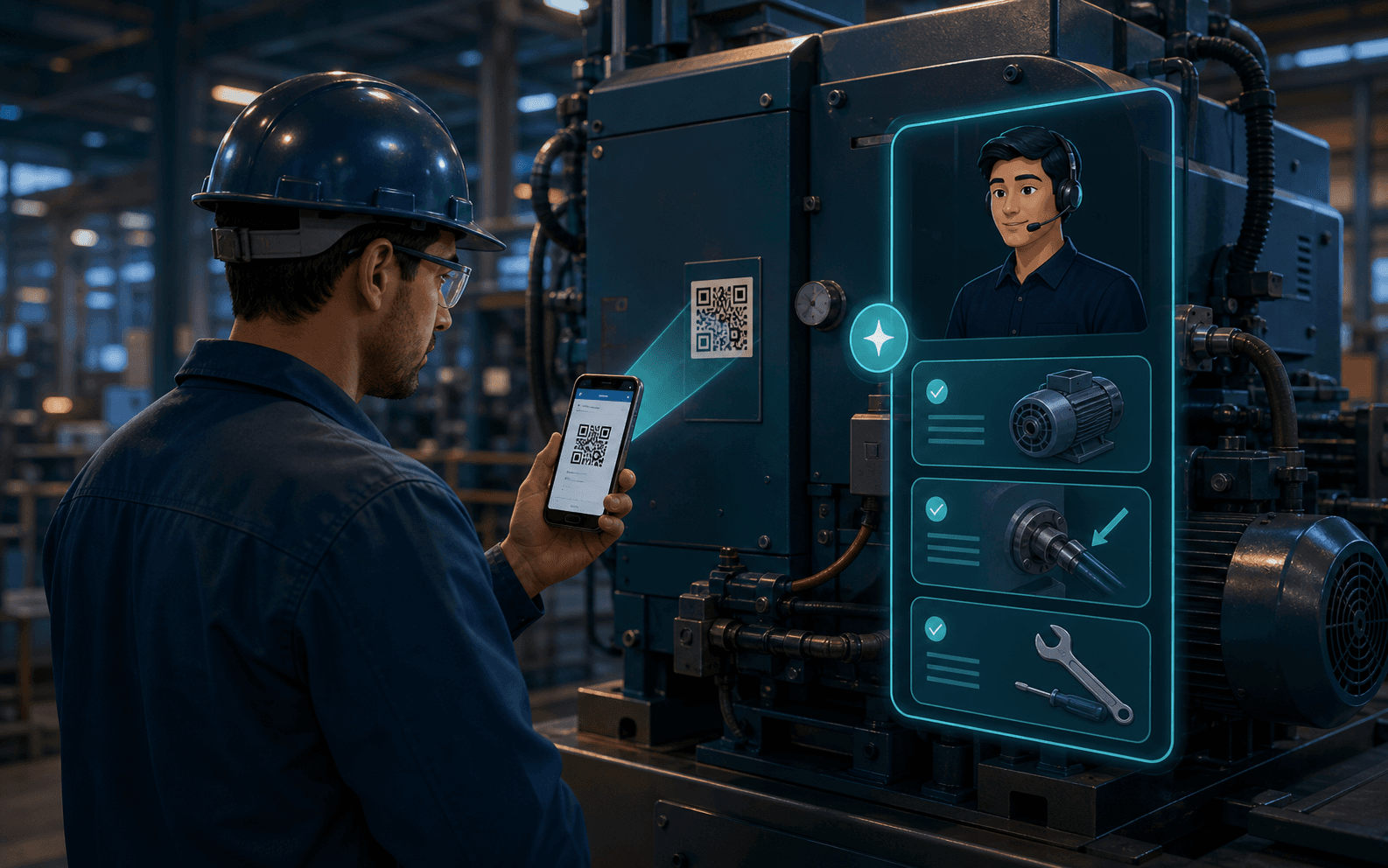 Técnico consultando una máquina mediante QR mientras un agente inteligente guía el soporte y mantenimiento.