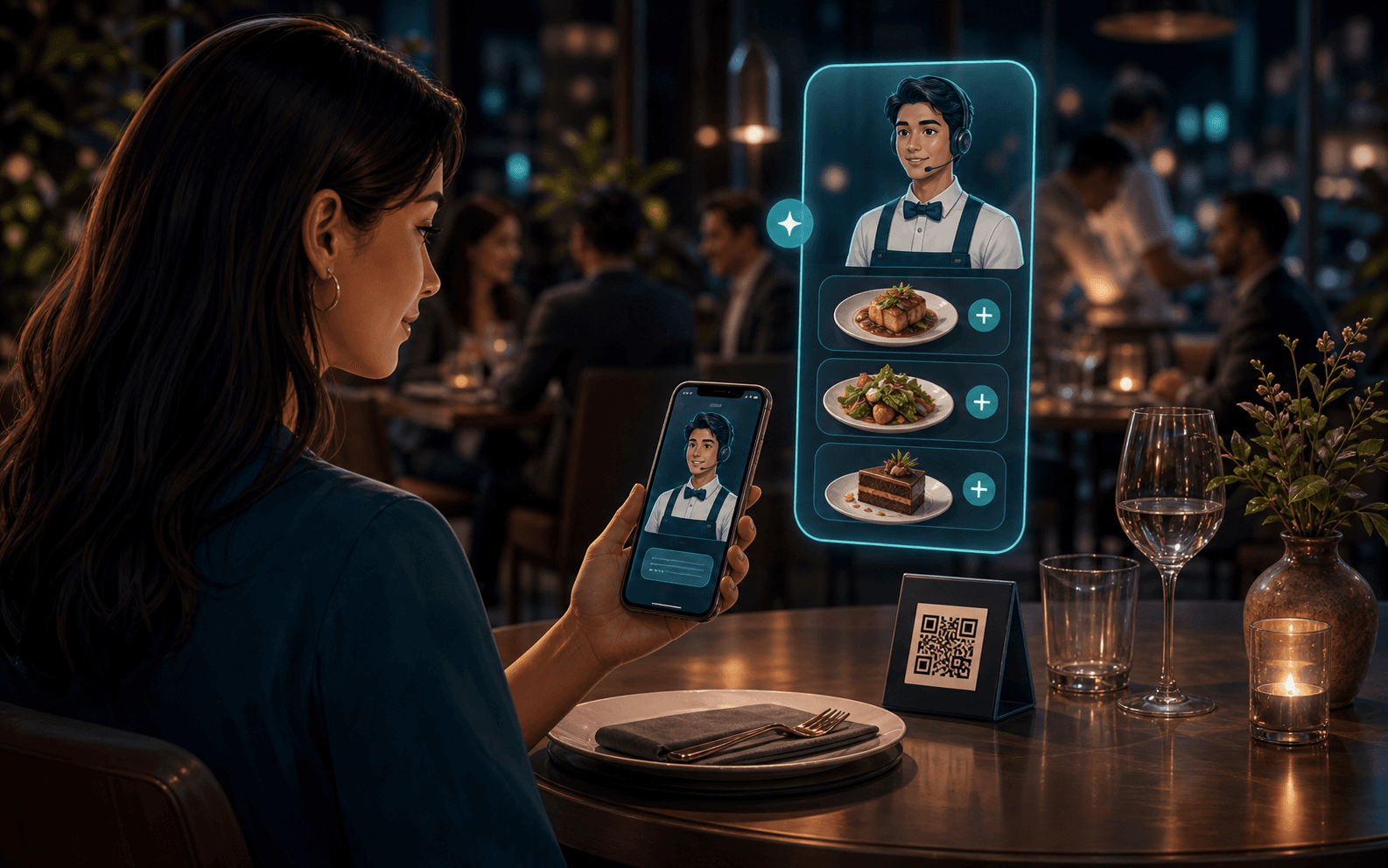 Comensal usando un QR en la mesa mientras un agente inteligente sugiere platos y acompaña la experiencia gastronómica.
